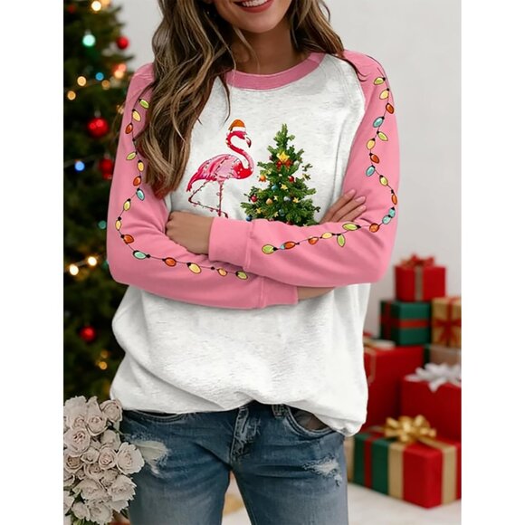 Women Christmas Flamingo Sweatshirt Cotton Blend Long Sleeve Casual Top - Picture 3 of 6